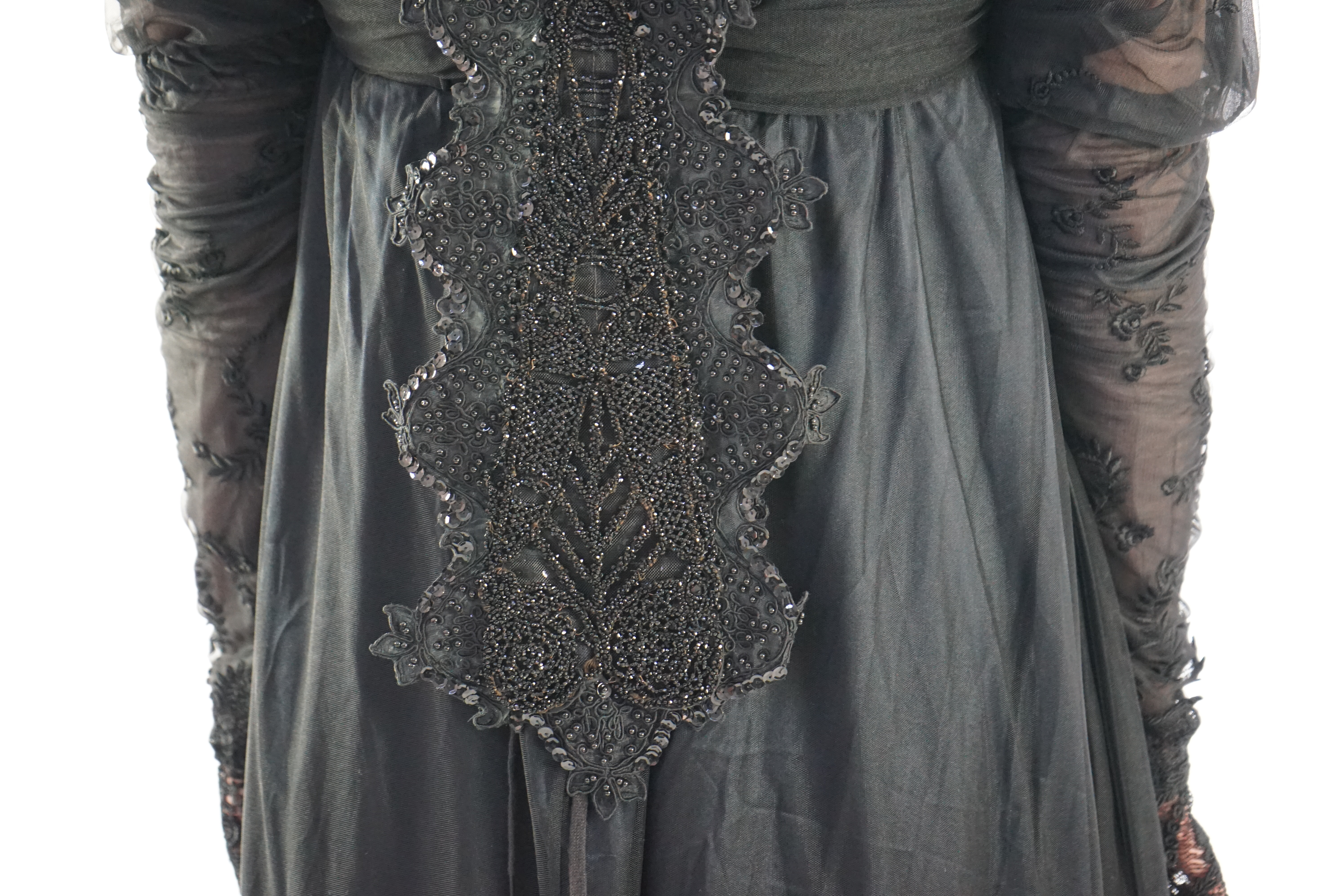 A fine quality lady's black satin, chiffon and jet trimmed Regency style evening dress with long train, lacing on jet stomacher. Ex English National Opera (unlabelled) 'Don Giovanni'